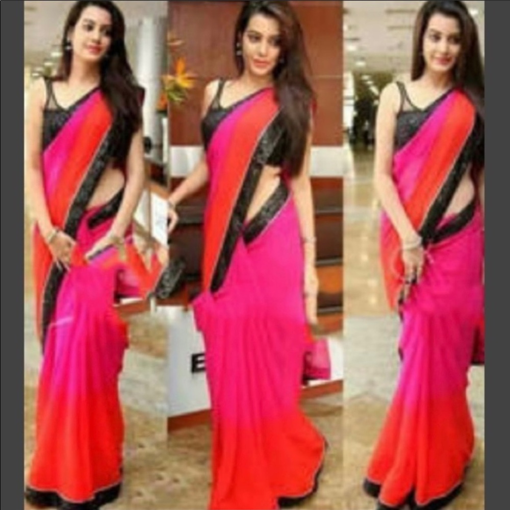 Pink and orange ombré pre stitched saree